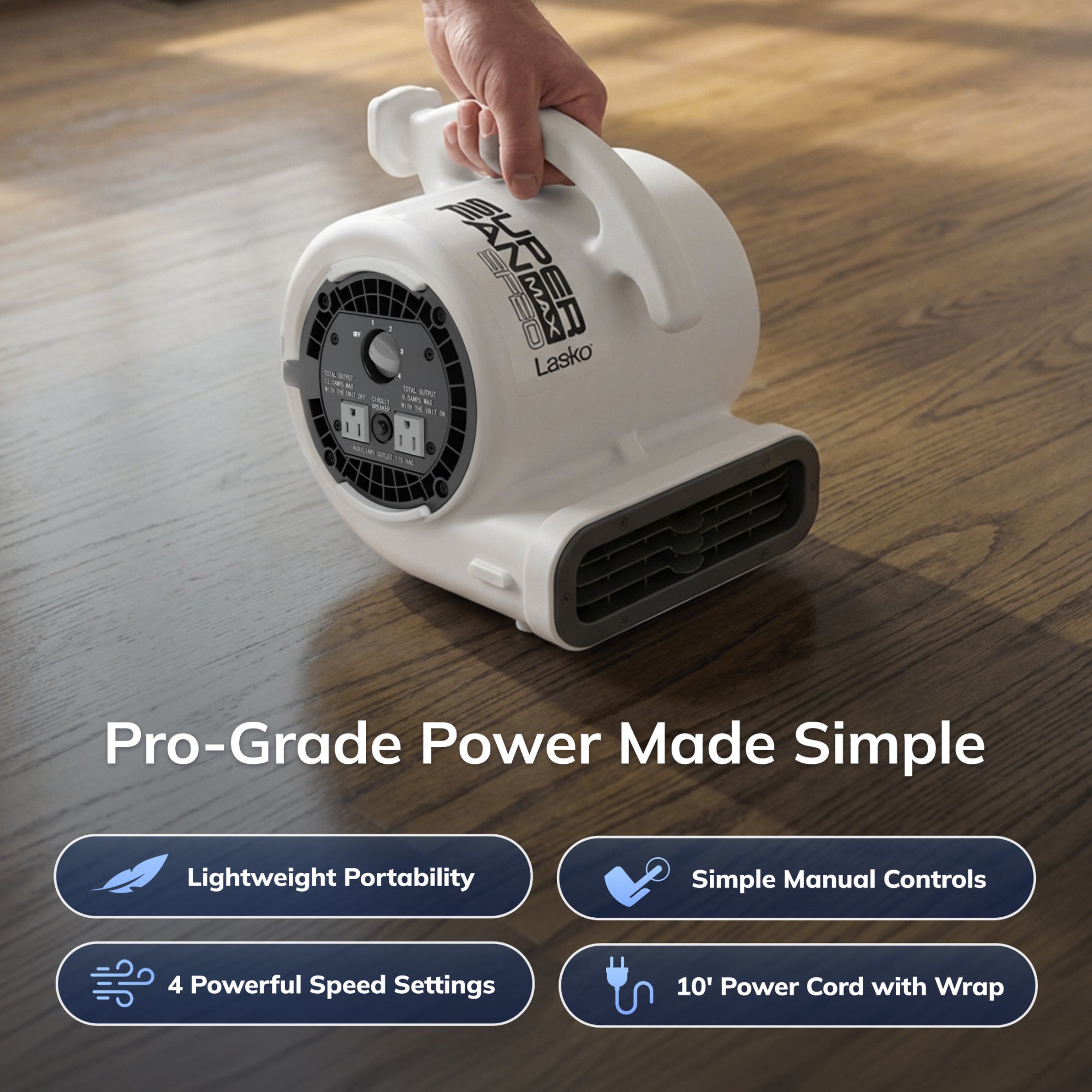 Lasko Super Fan Max 13 Air Mover Fan: 4-Speed. High Velocity. 2 Outlets. White - Image 4