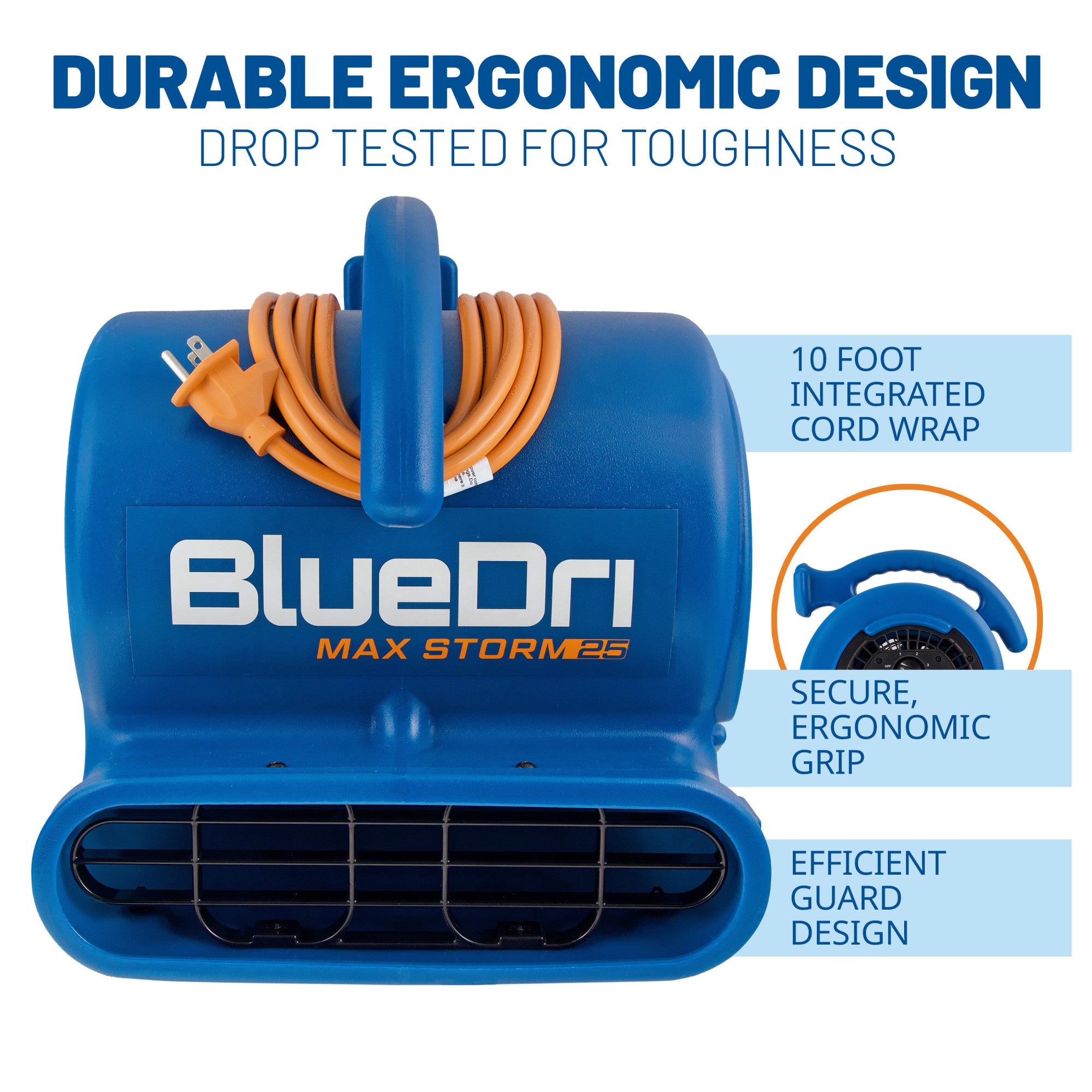 BlueDri Max Storm 25 1/4 HP 900 CFM Air Mover Blower Fan: 3-Speed. High Velocity. 2 Outlets. 3 Drying Angles. Cord Wrap. Blue - Image 5
