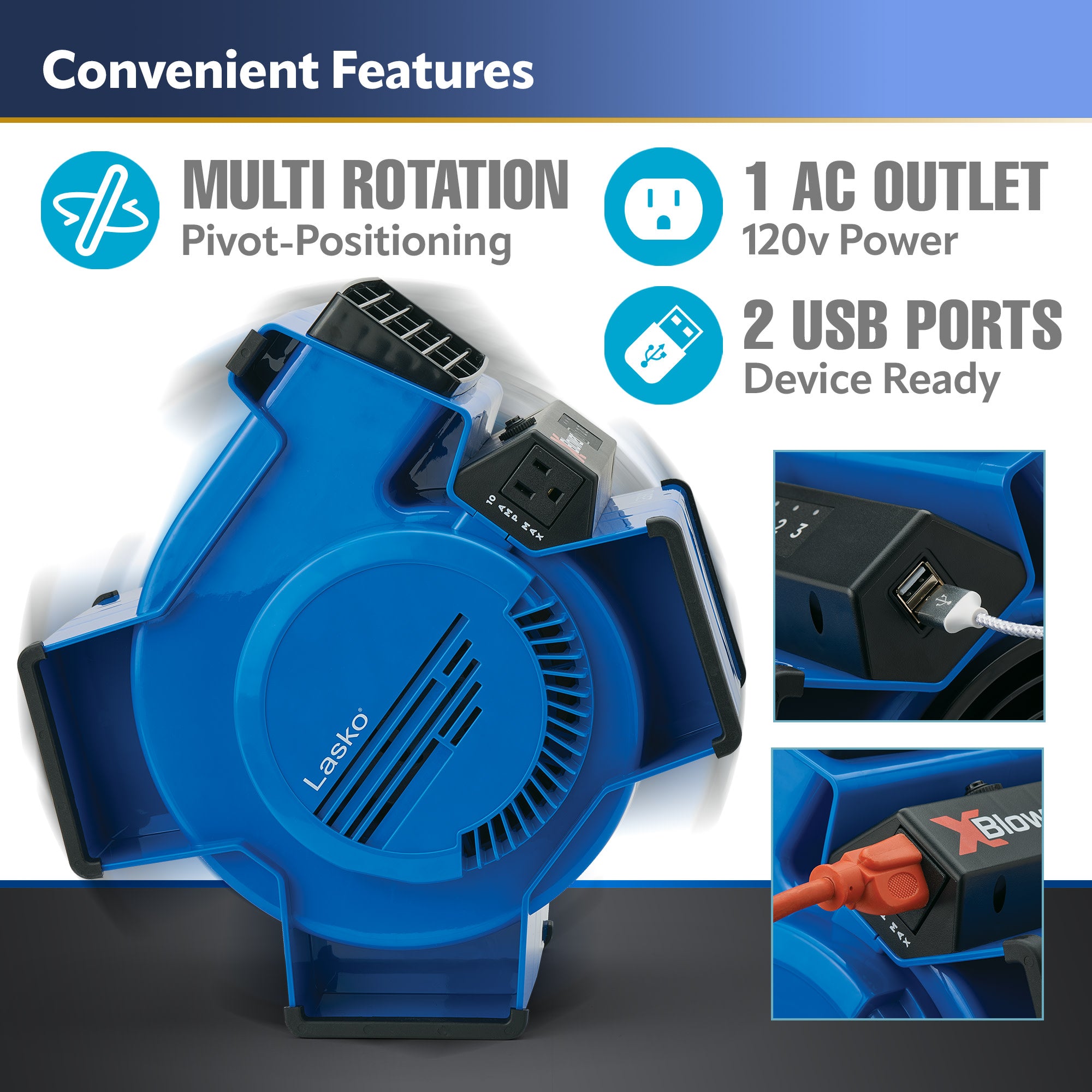 Lasko X-Blower 11 Air Mover Blower Fan: 3-Speed. High Velocity. 1 Outlet. Blue - Image 5