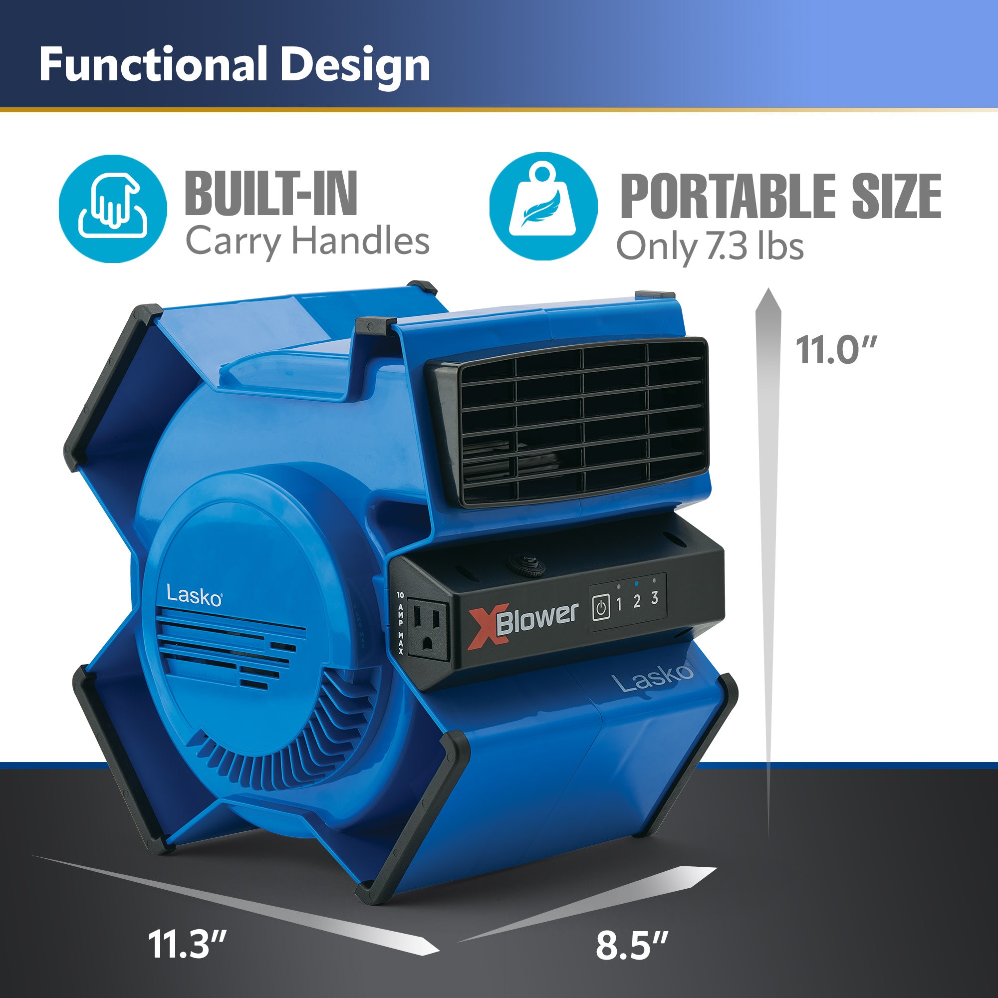 Lasko X-Blower 11 Air Mover Blower Fan: 3-Speed. High Velocity. 1 Outlet. Blue - Image 4