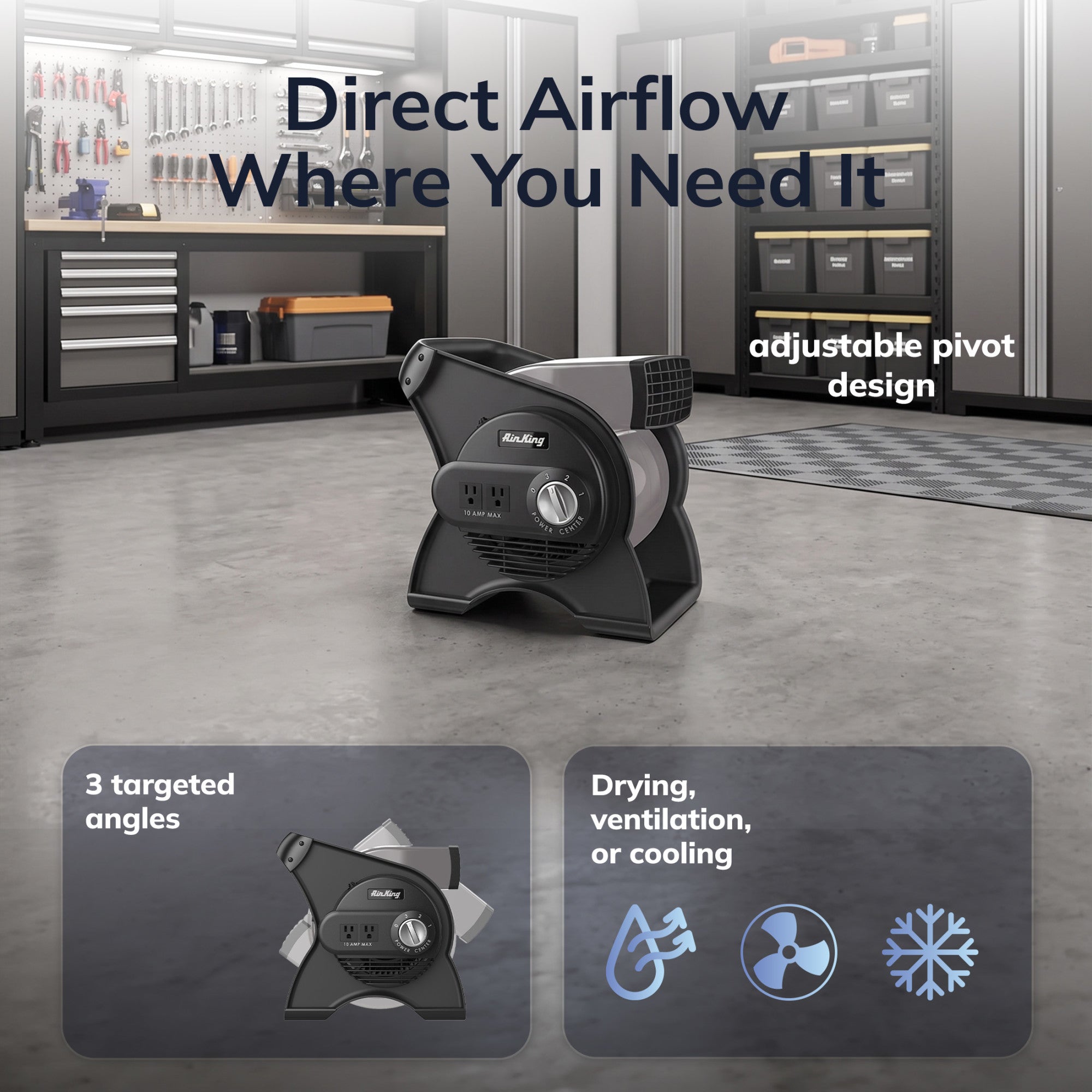 Air King 1/16 HP 11 Air Mover Blower Fan: 3-Speed. High Velocity. 2 Outlets. Pivoting. Black - Image 3
