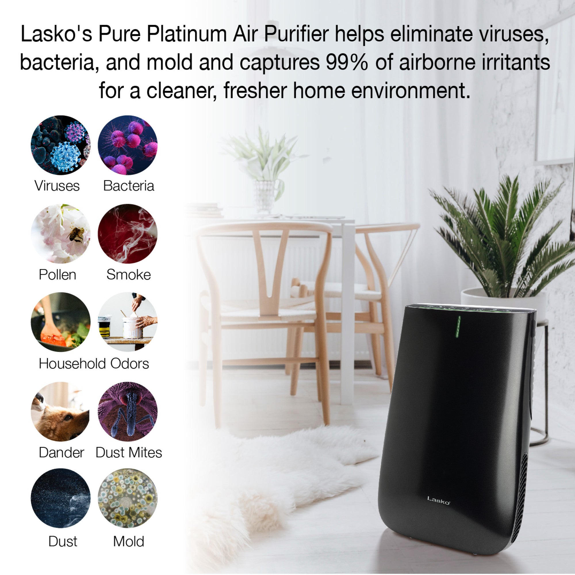 Lasko HF25630 Pure Platinum HEPA 28 Console Air Purifier (3-speed 3-stage UV-C filtration. black) - Image 4