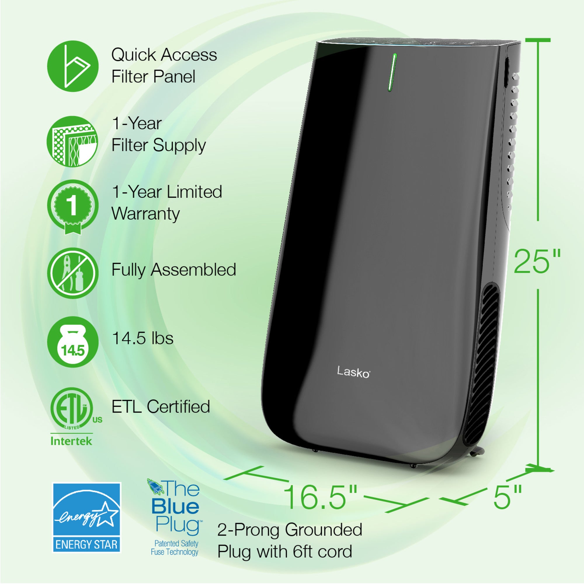 Lasko HF25630 Pure Platinum HEPA 28 Console Air Purifier (3-speed 3-stage UV-C filtration. black) - Image 7
