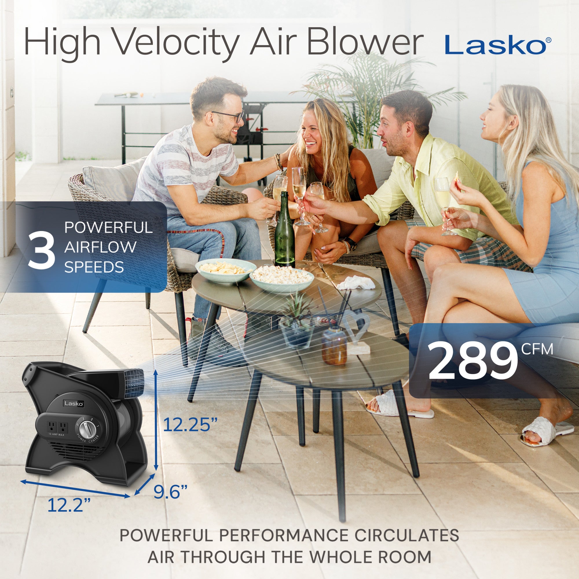 Lasko 12 Air Mover Blower Fan: 3-Speed. High Velocity. 2 Outlets. Pivoting. Black - Image 4