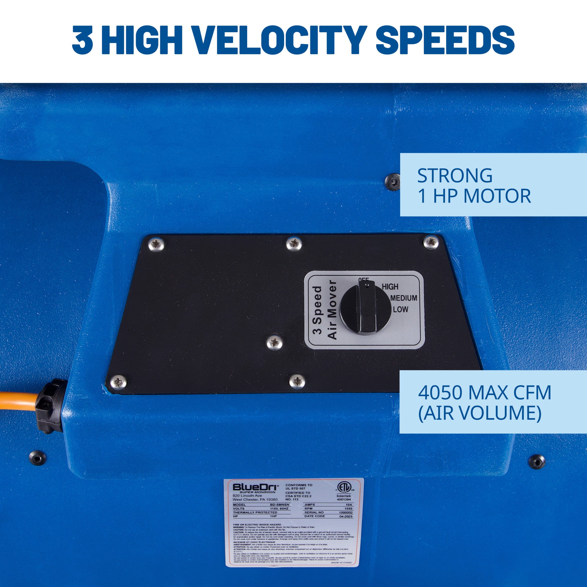 BlueDri Super Monsoon 1 HP 4050 CFM Air Mover Blower Fan: 3-Speed. High Velocity. 3 Drying Angles. Cord Wrap. Blue - Image 2