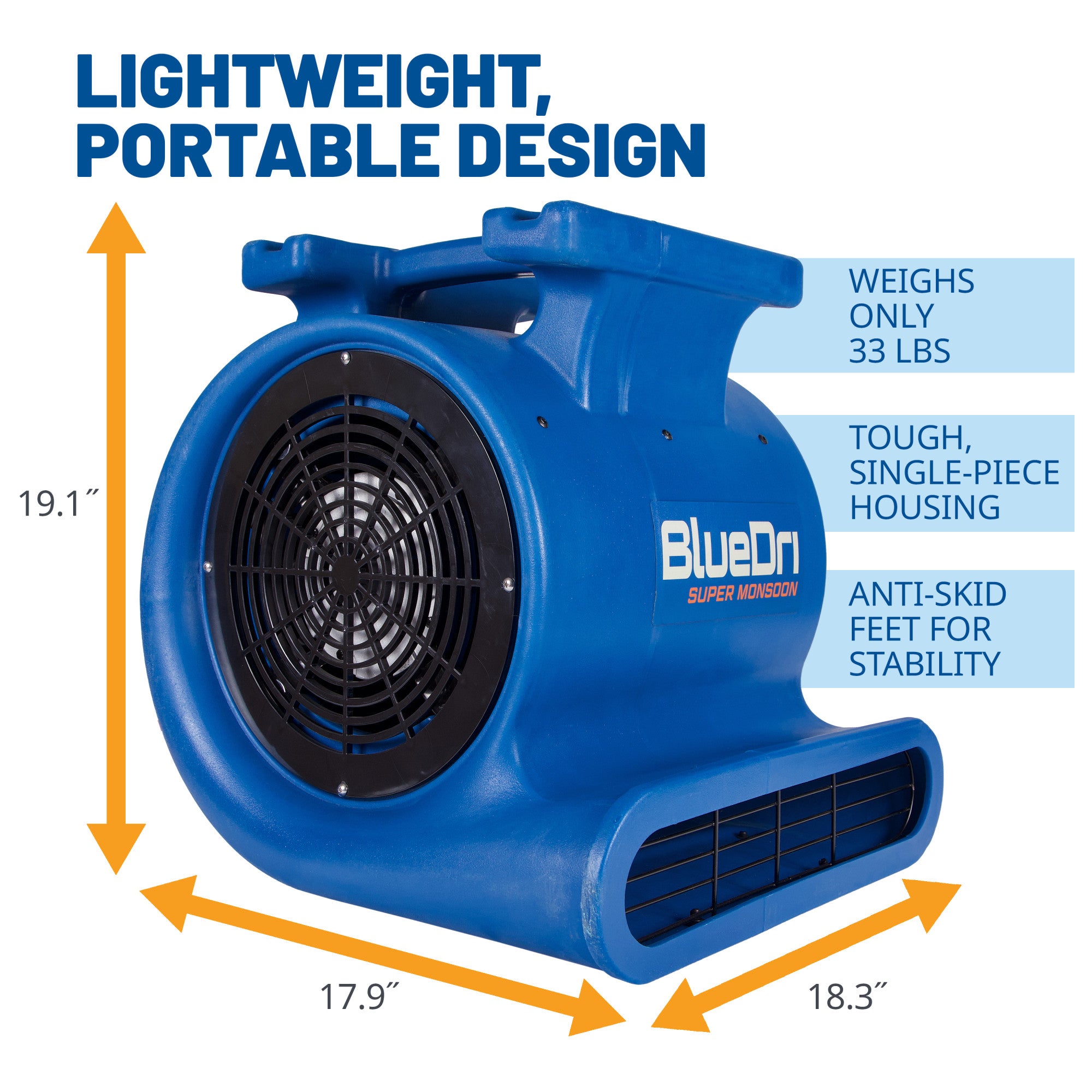 BlueDri Super Monsoon 1 HP 4050 CFM Air Mover Blower Fan: 3-Speed. High Velocity. 3 Drying Angles. Cord Wrap. Blue - Image 3