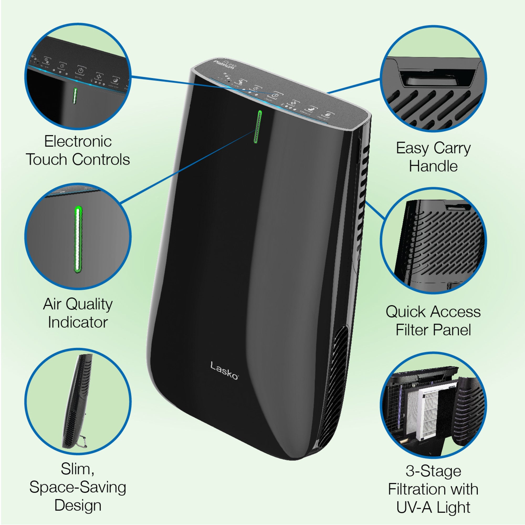 Lasko HF25630 Pure Platinum HEPA 28 Console Air Purifier (3-speed 3-stage UV-C filtration. black) - Image 2