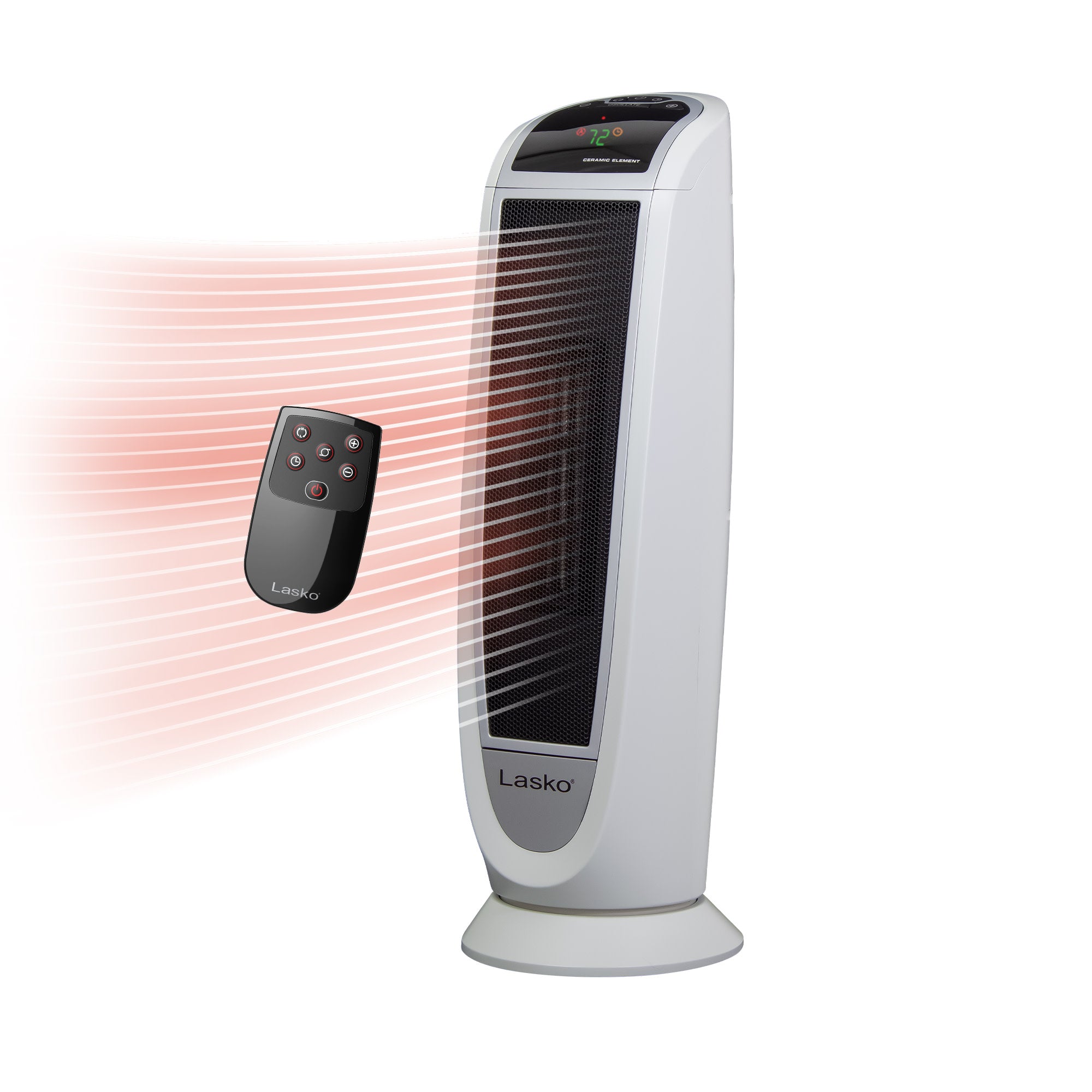 Lasko 23 Ceramic Tower Space Heater: Oscillating. 2 Heat Settings. Remote. Timer. Thermostat. White