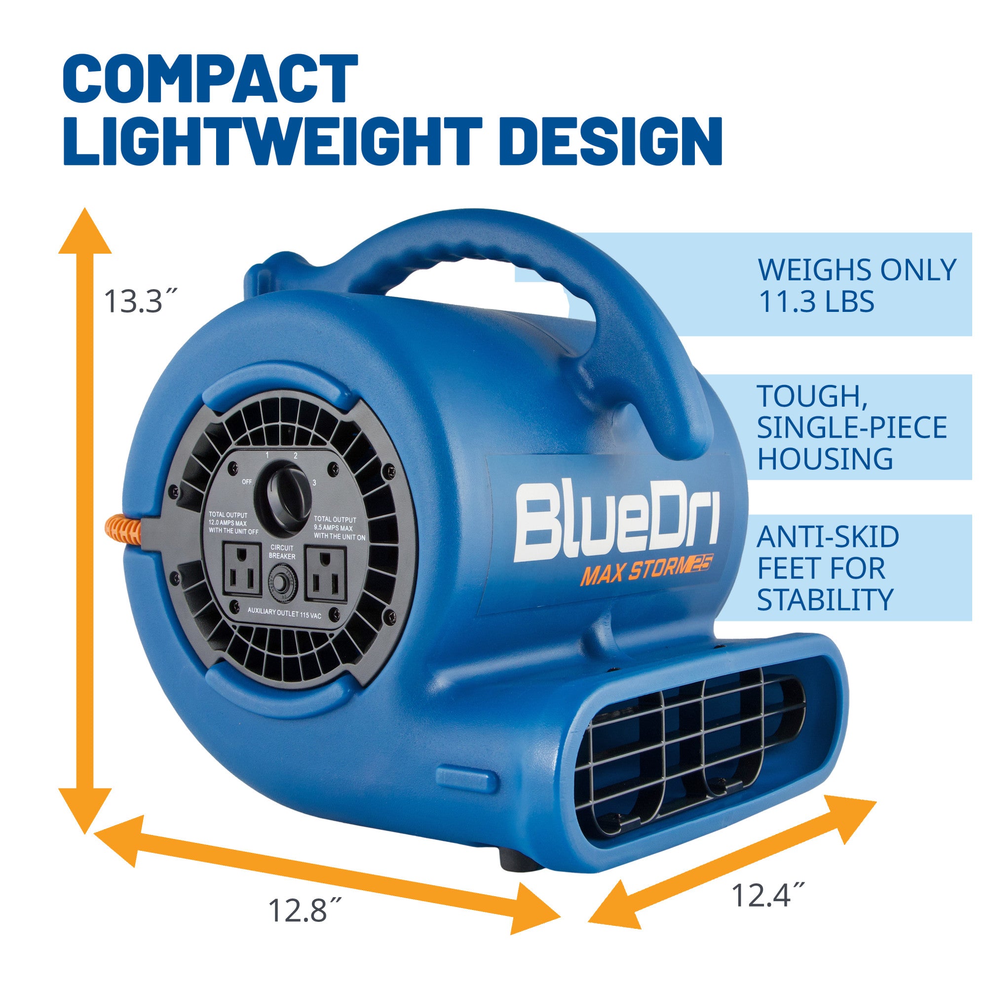 BlueDri Max Storm 25 1/4 HP 900 CFM Air Mover Blower Fan: 3-Speed. High Velocity. 2 Outlets. 3 Drying Angles. Cord Wrap. Blue - Image 3