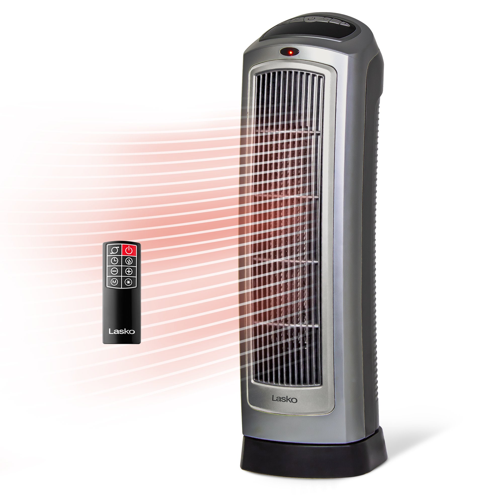 Lasko 23 Ceramic Tower Space Heater: Oscillating. 2 Heat Settings. Remote. Timer. Thermostat. Silver