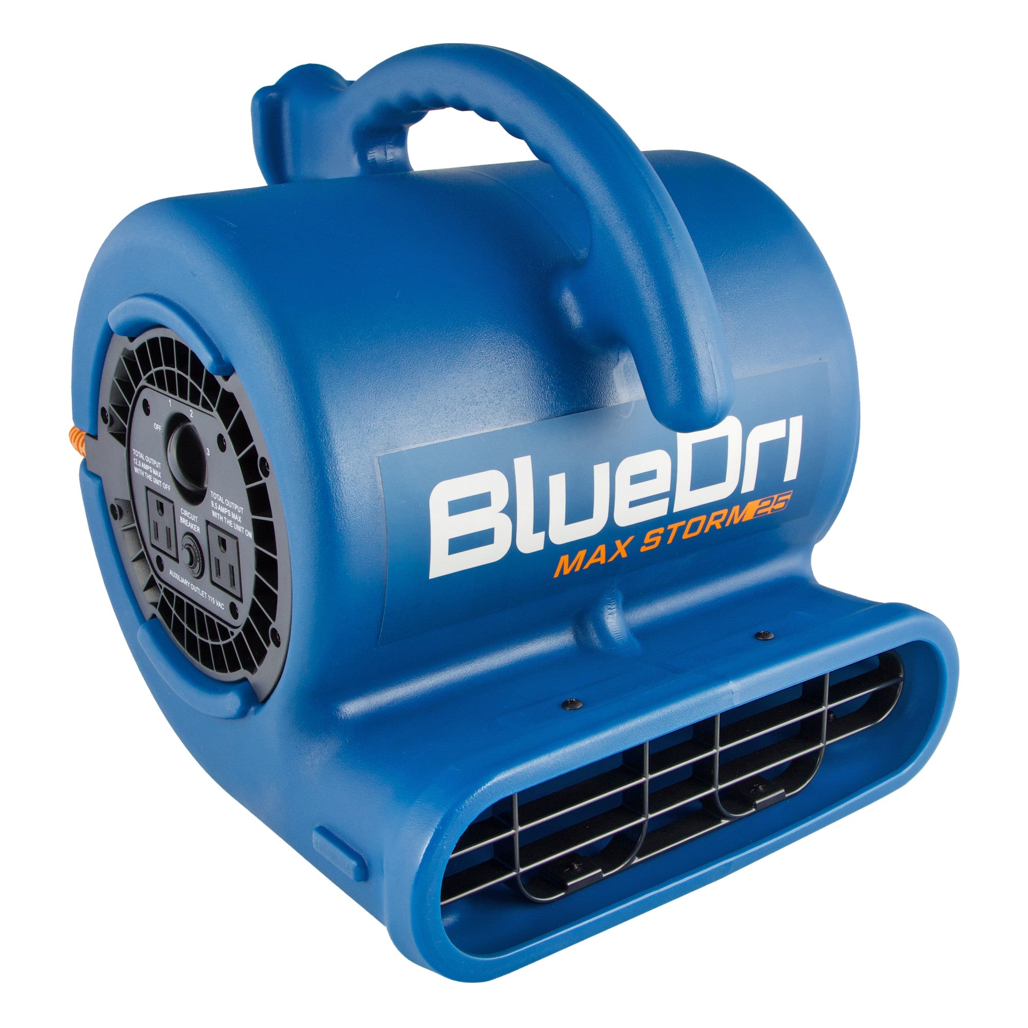 BlueDri Max Storm 25 1/4 HP 900 CFM Air Mover Blower Fan: 3-Speed. High Velocity. 2 Outlets. 3 Drying Angles. Cord Wrap. Blue