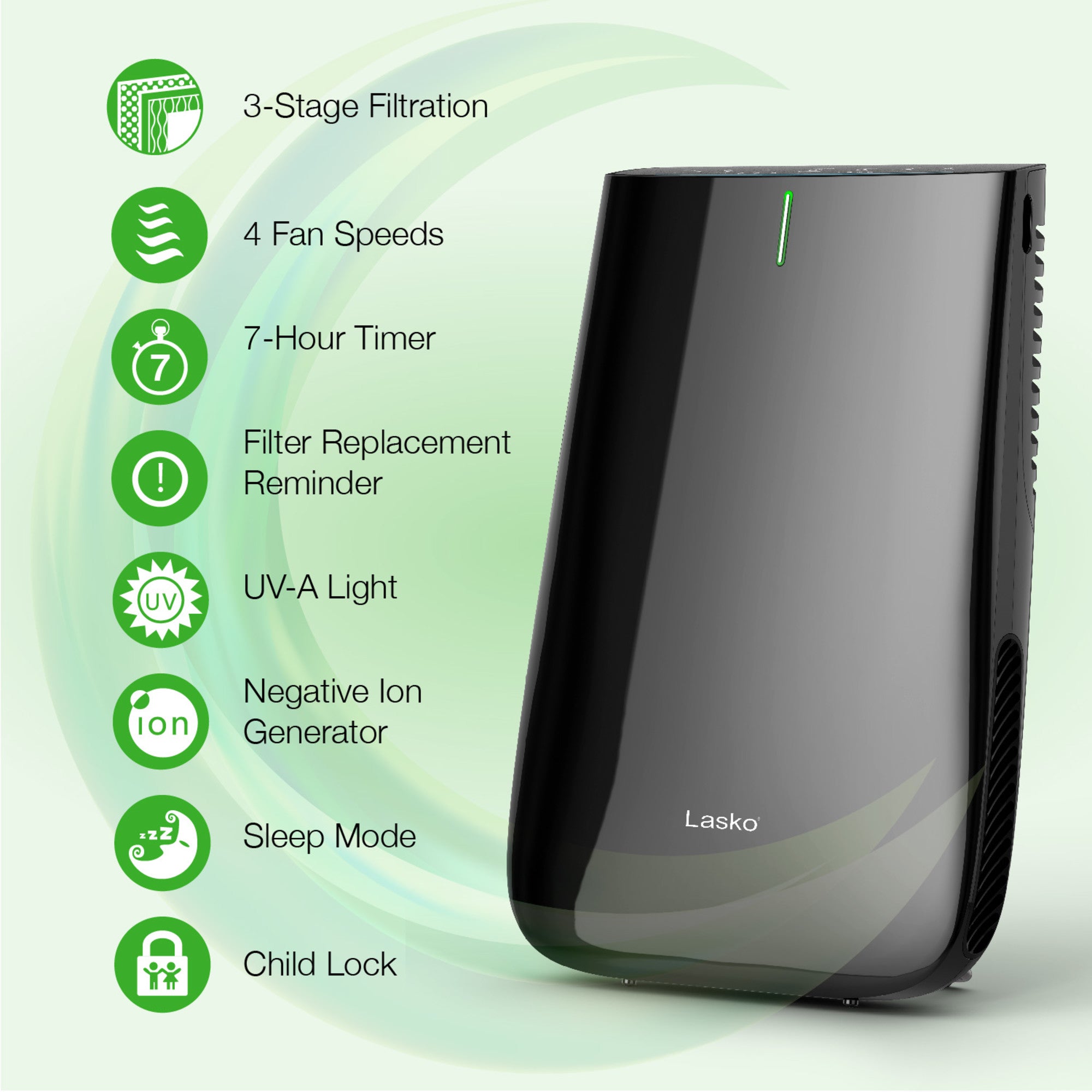 Lasko HF25630 Pure Platinum HEPA 28 Console Air Purifier (3-speed 3-stage UV-C filtration. black) - Image 5