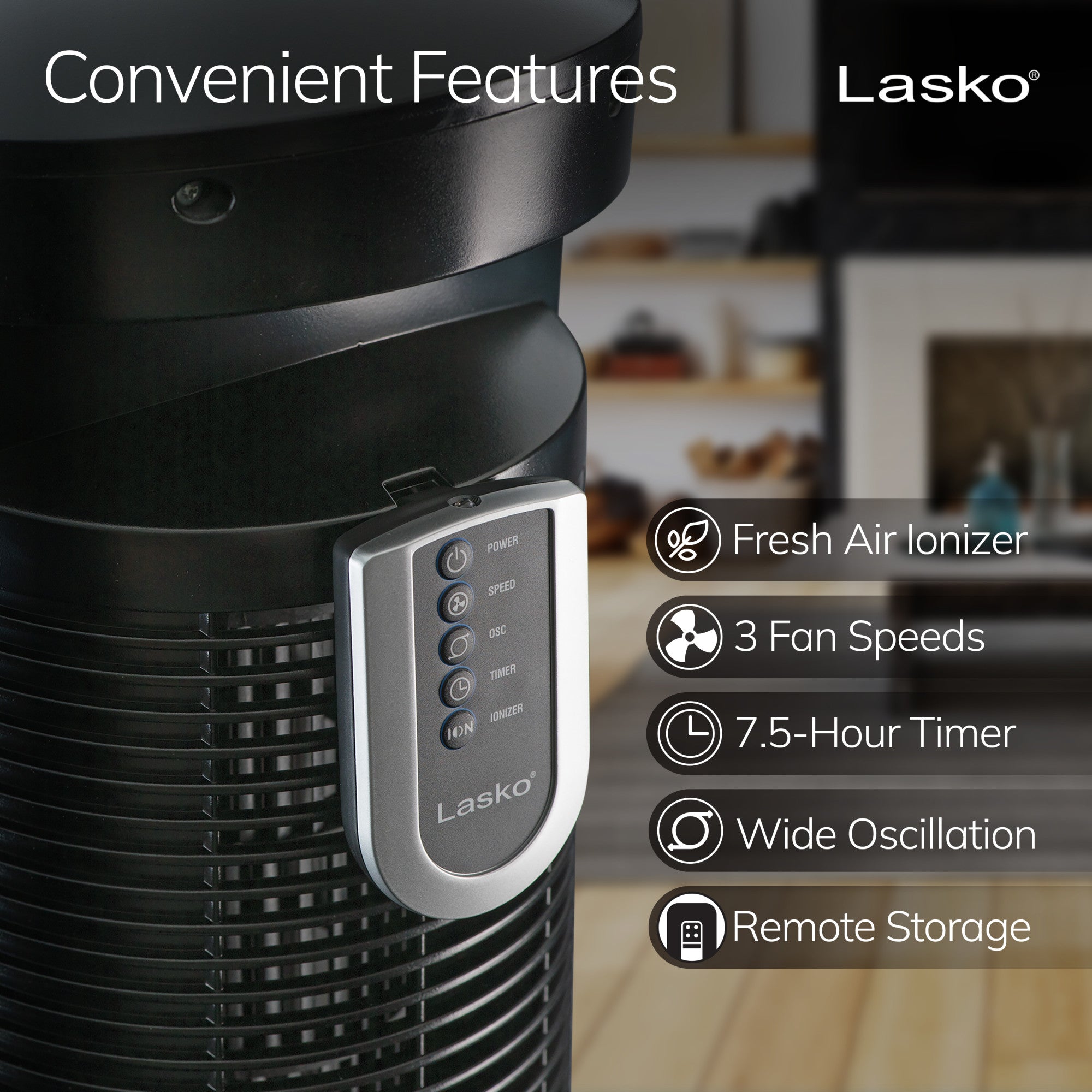 Lasko Wind Curve 42 Tower Fan: Oscillating. 3-Speed. Remote. Ionizer. Black - Image 4
