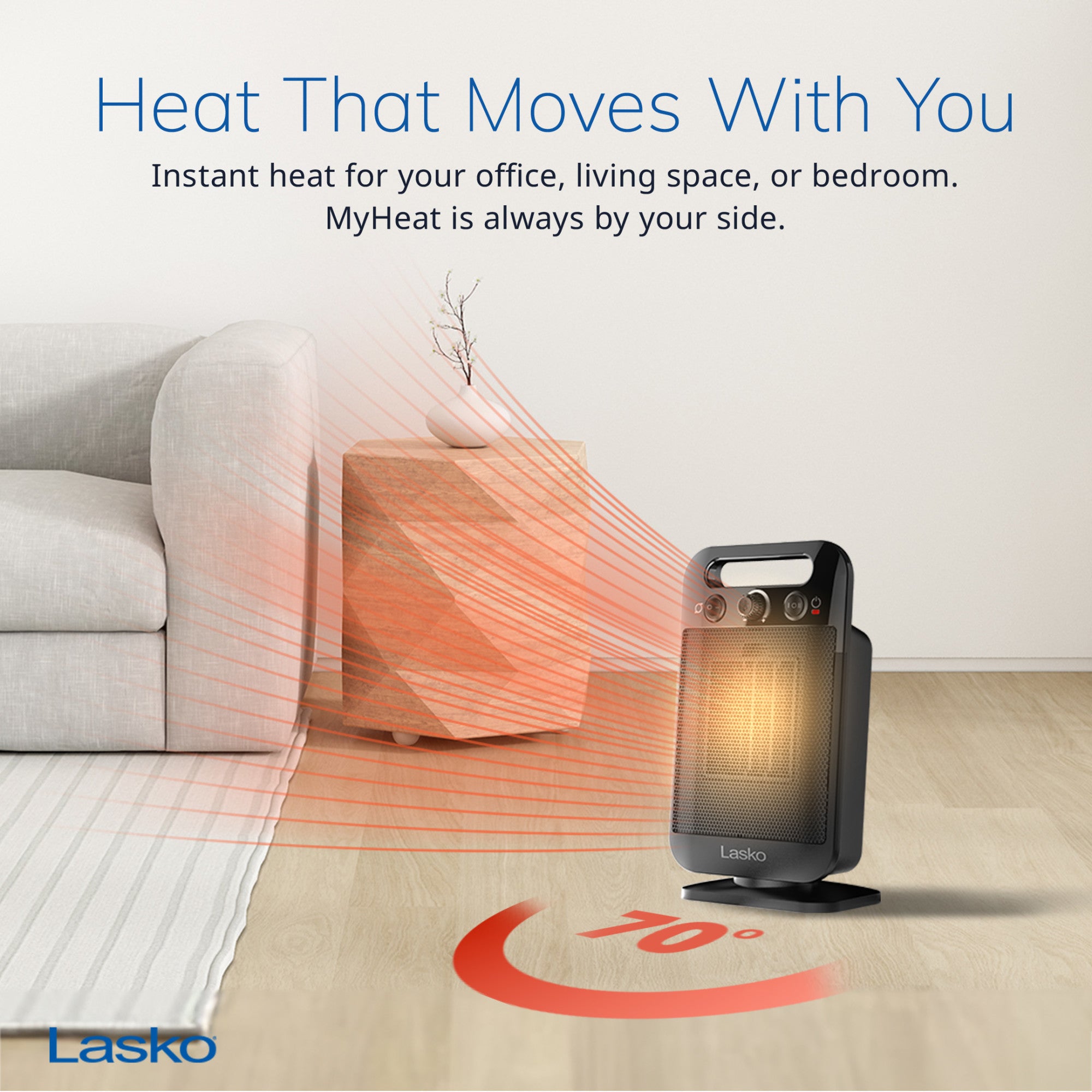 Lasko MyHeat-GO 13 Ceramic Tower Space Heater: Oscillating. 2 Heat Settings. Thermostat. Black - Image 3